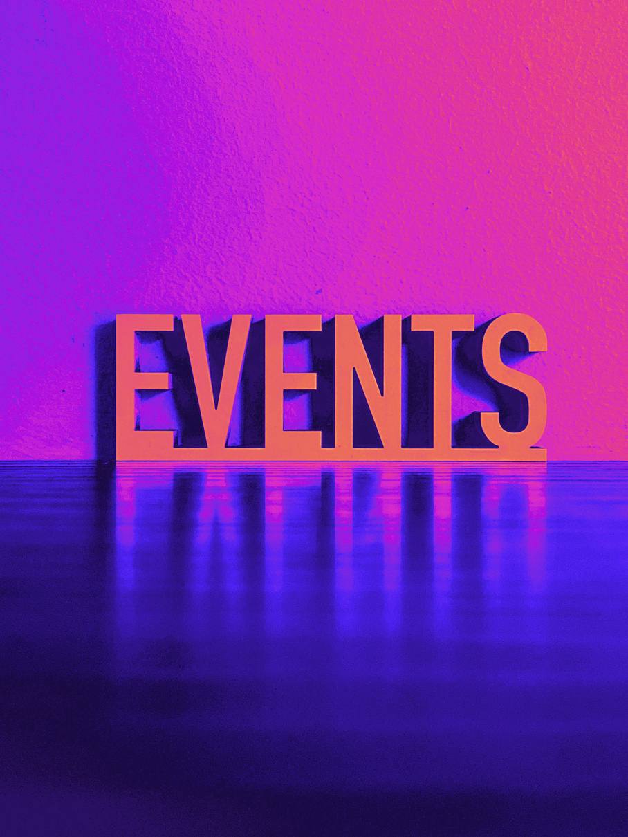 The word events in bold orange lettering